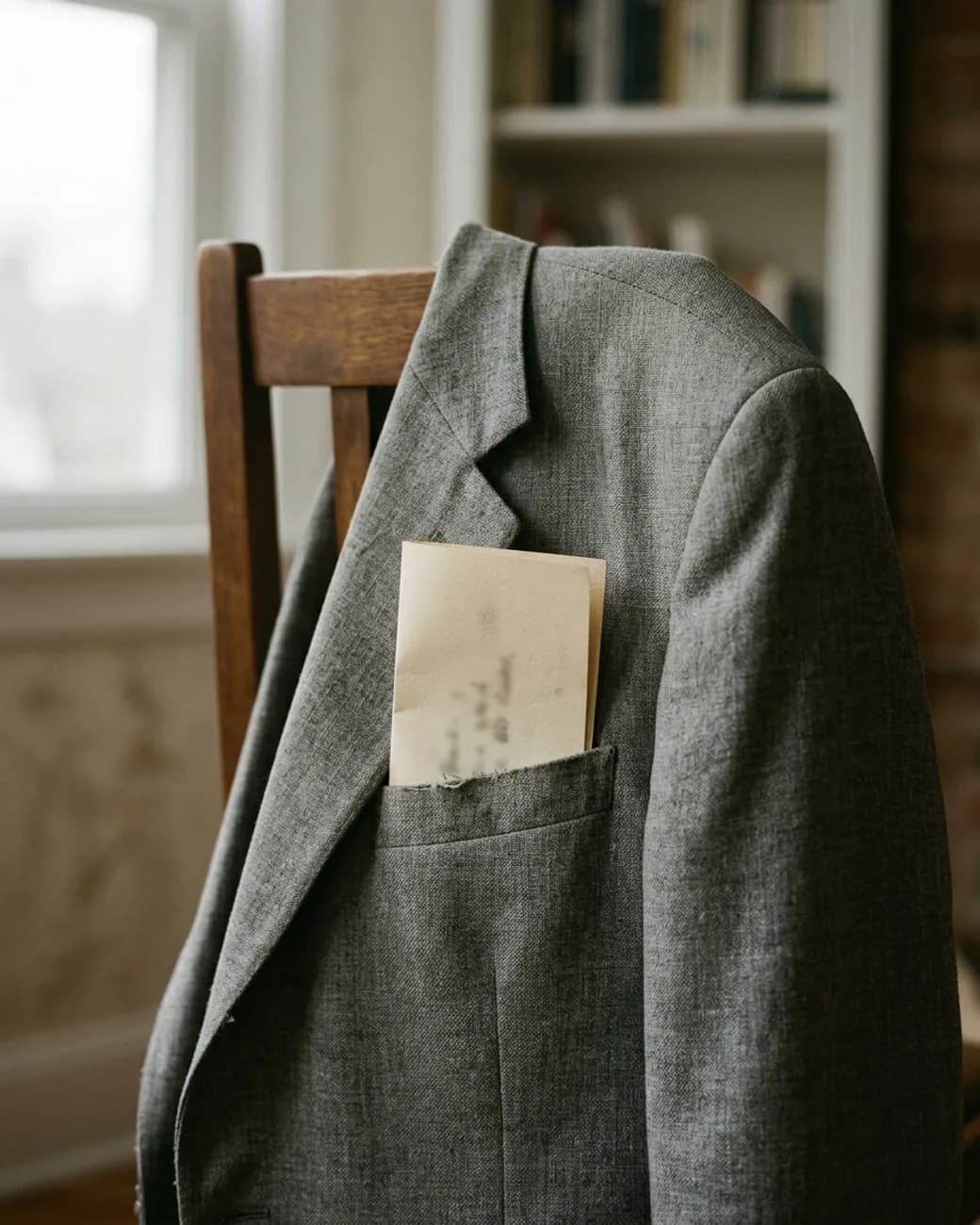A folded cream card tucked into the inside breast pocket of a gray wool suit jacket hung over a chair.