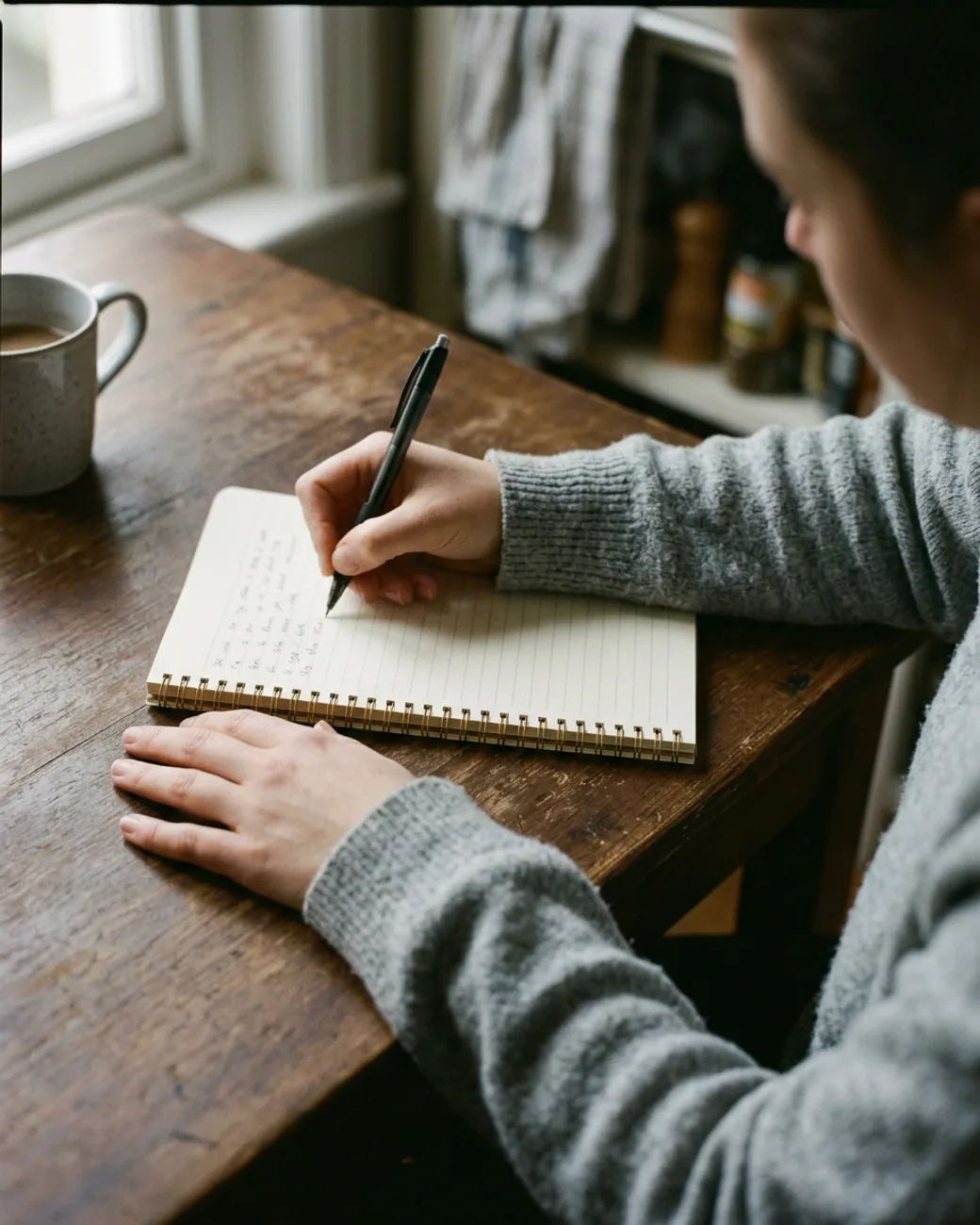 One hand writing in a notebook at a kitchen table, the other flat beside it, a mug at the edge of the frame.