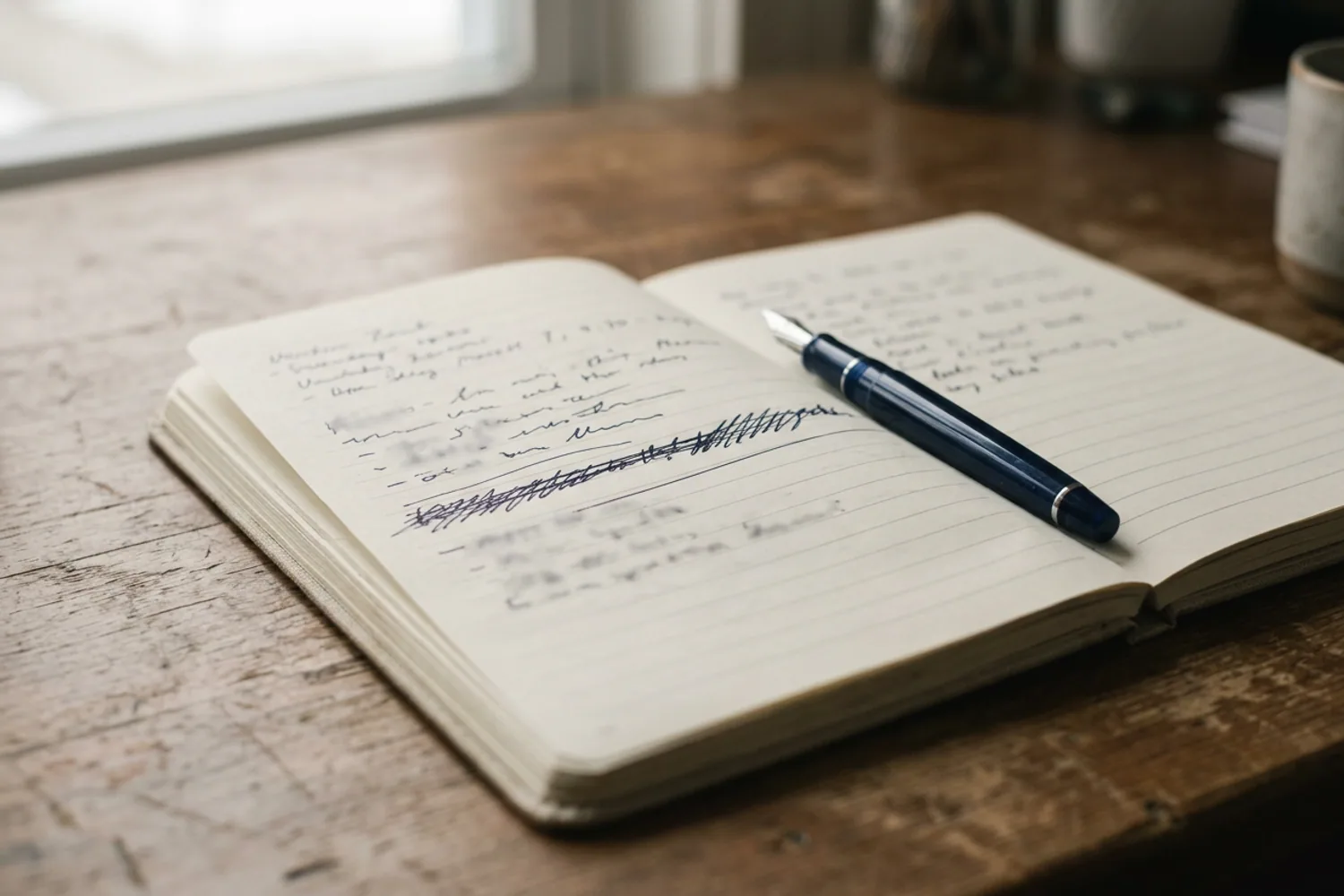An uncapped fountain pen resting across a half-filled notebook page on a wooden desk, one line crossed out.